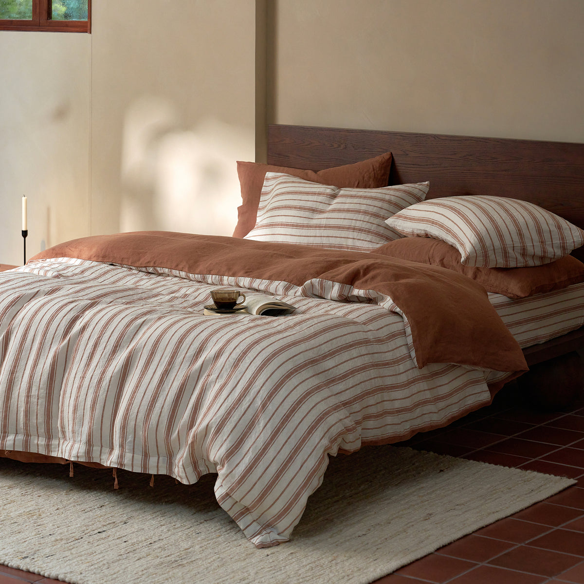 French Flax Linen Reversible Quilt Cover in Hazelnut/Hazelnut Stripe