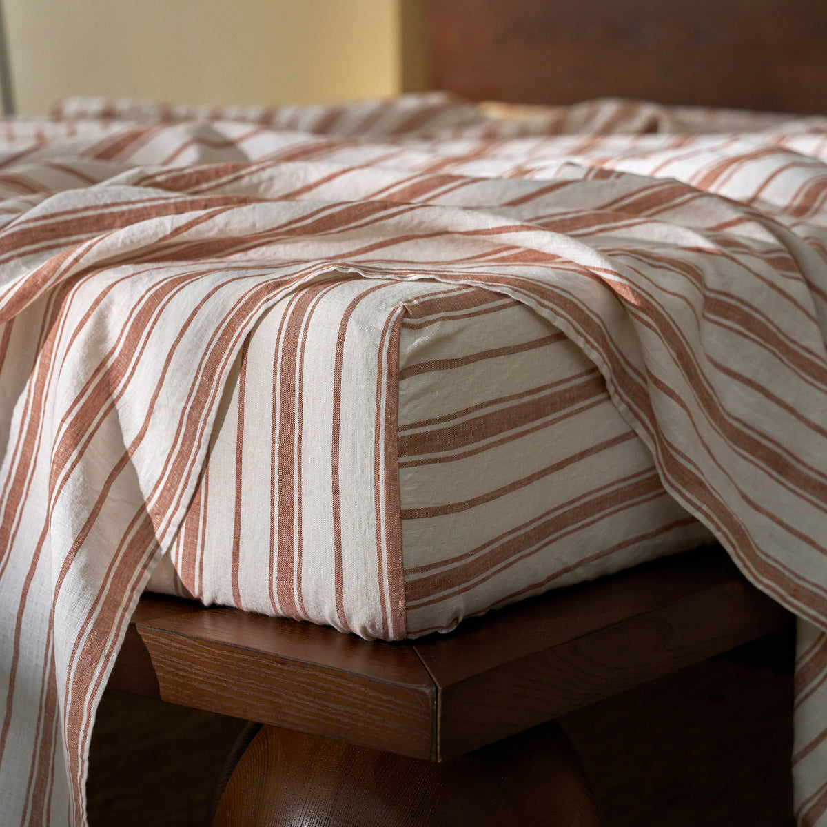 French Flax Linen Fitted Sheet in Hazelnut Stripe