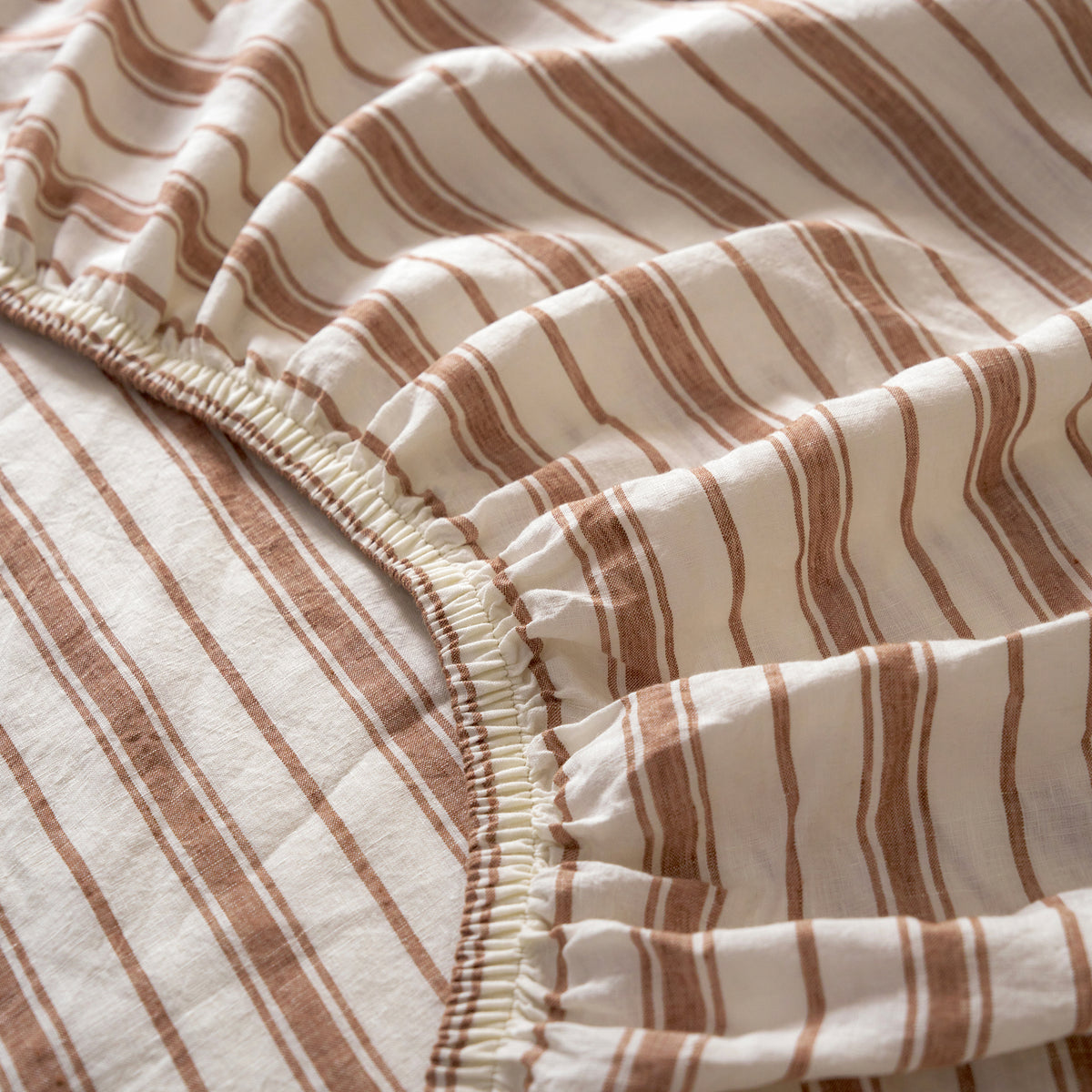 French Flax Linen Fitted Sheet in Hazelnut Stripe