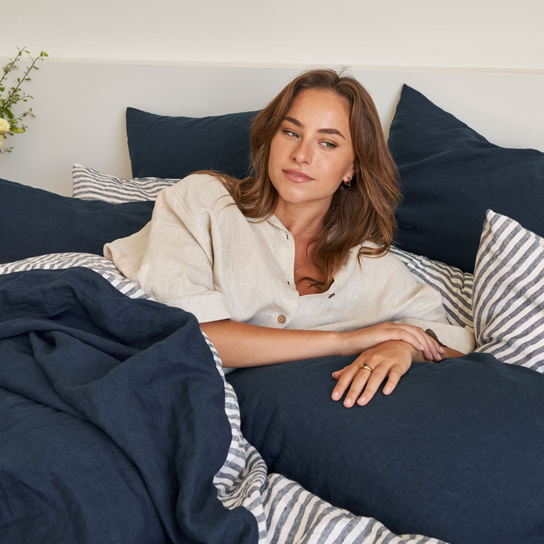 French Flax Linen Double Sided Quilt Cover in Indigo/Indigo Stripe