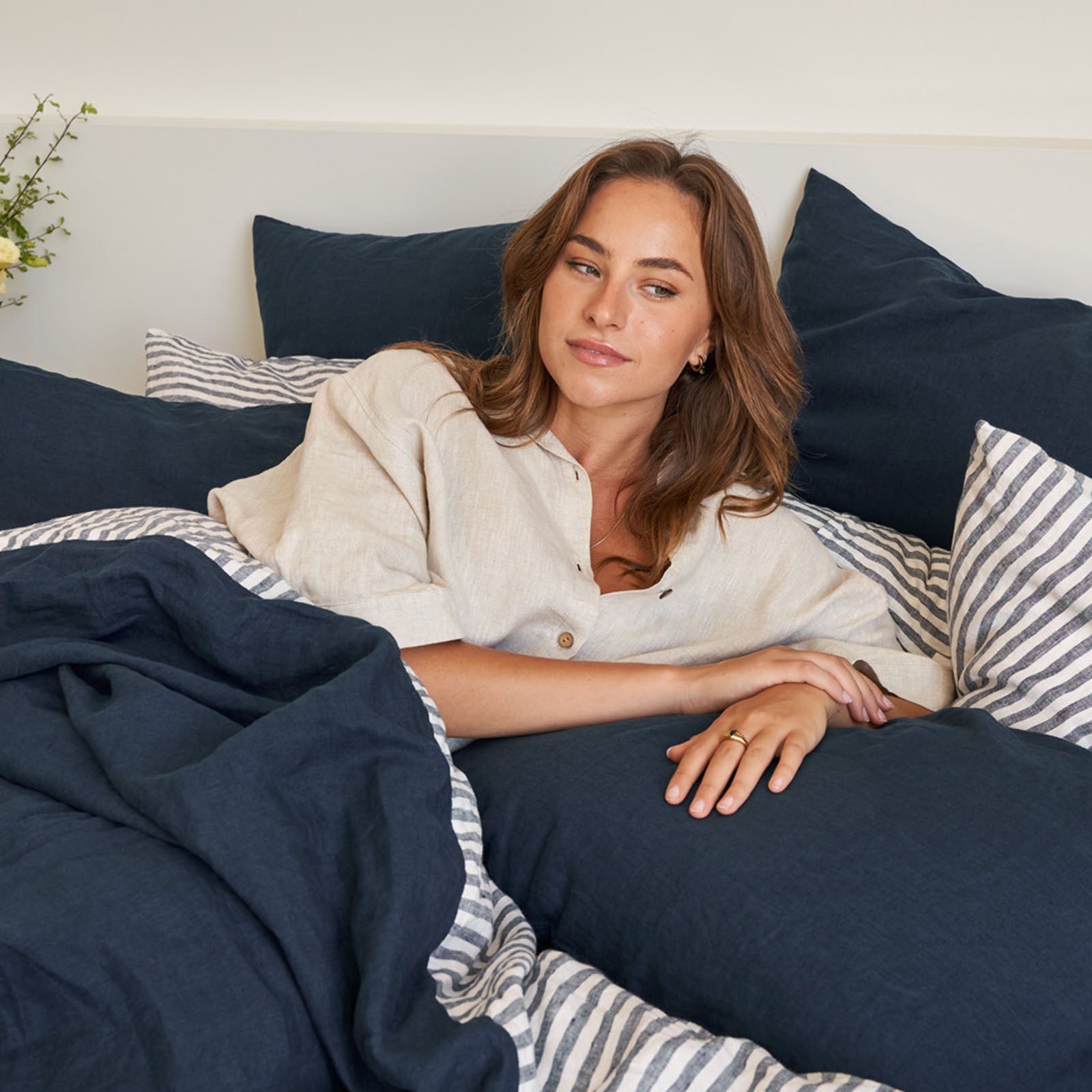 French Flax Linen Double Sided Quilt Cover in Indigo/Indigo Stripe