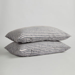 French Flax Linen Standard Pillowcase Set in Indigo Stripe