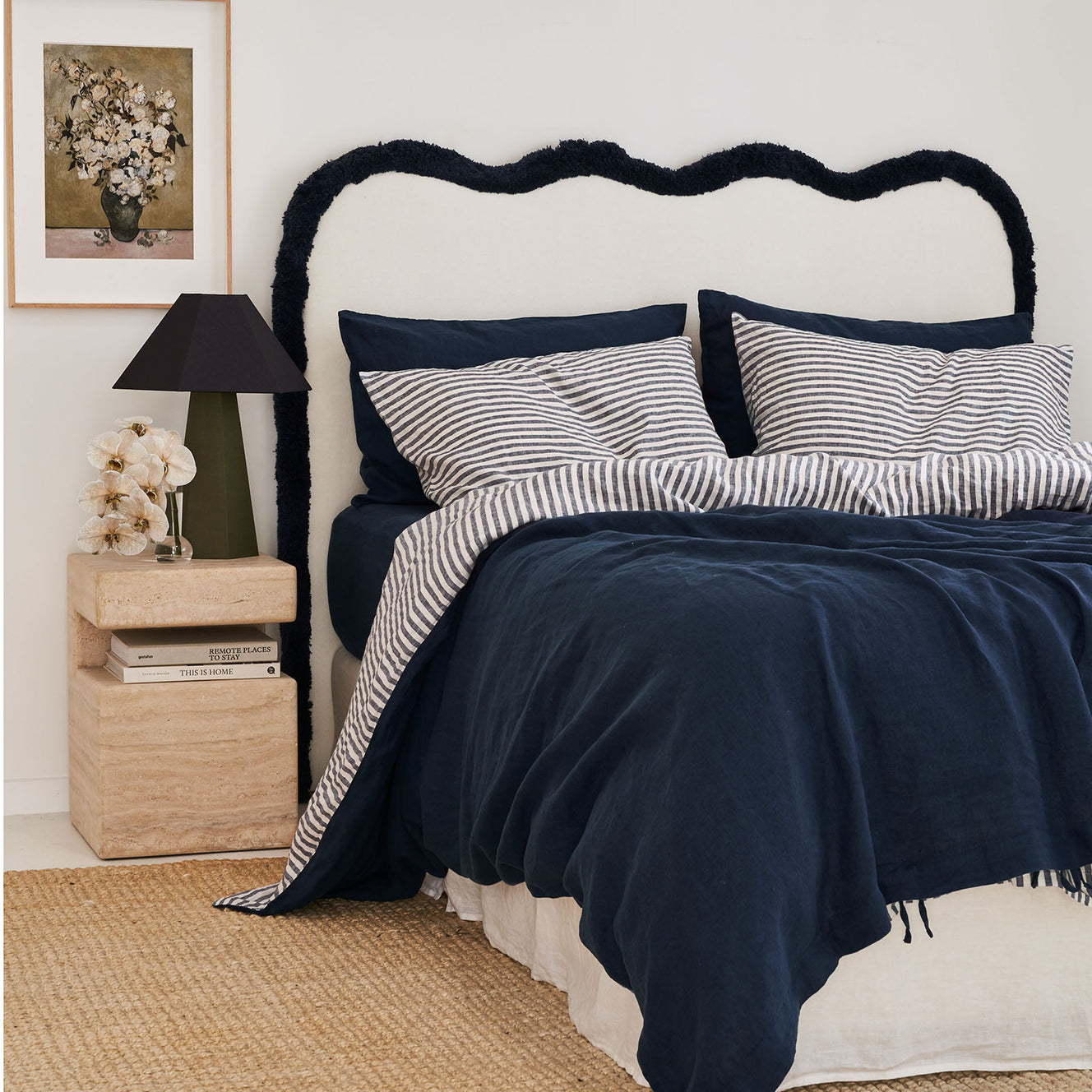 French Flax Linen Standard Pillowcase Set in Indigo Stripe