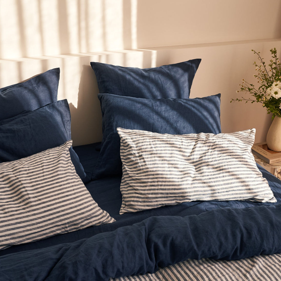 French Flax Linen Standard Pillowcase Set in Indigo Stripe