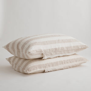 French Flax Linen Pillowcase Set in Natural Thick Stripe