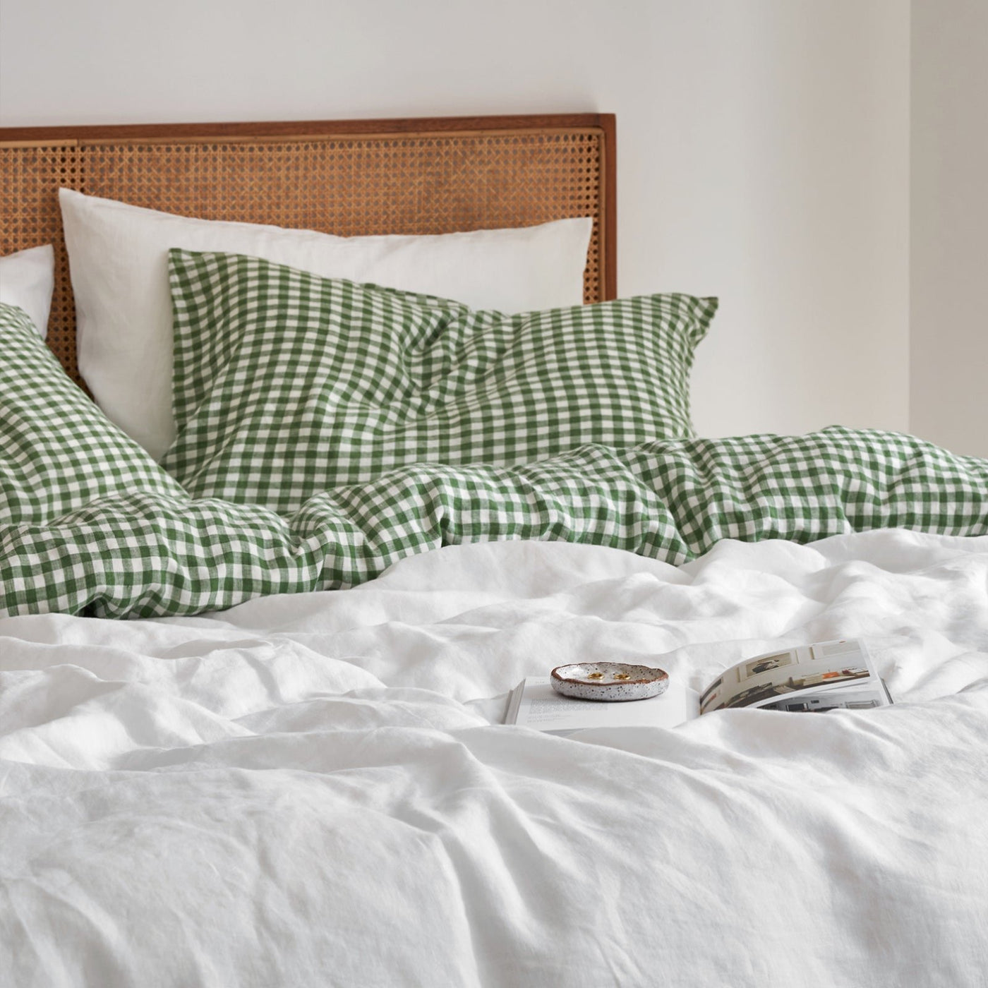 French Flax Linen Double Sided Quilt Cover Set in Ivy Gingham/White