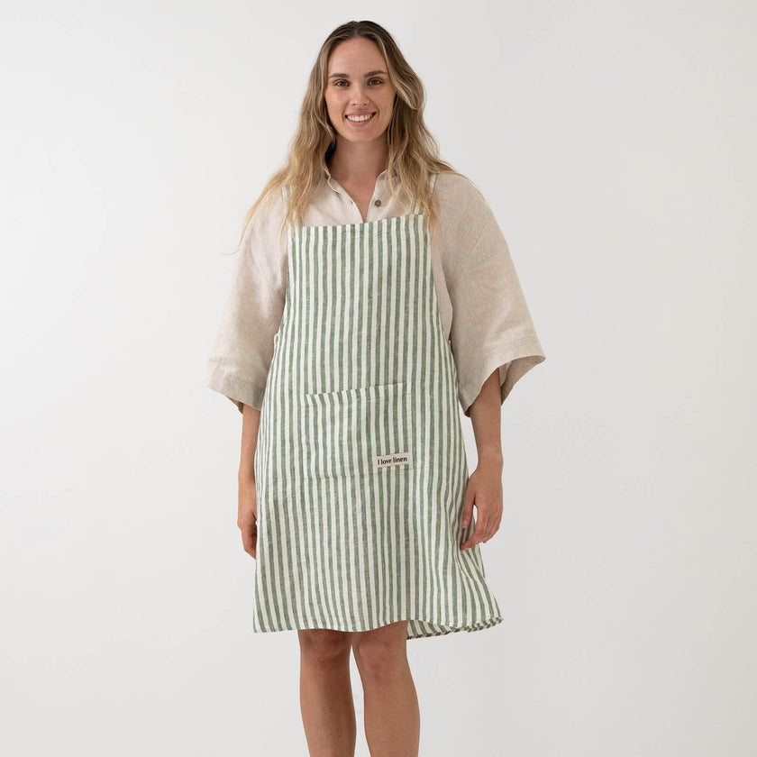 French Flax Linen Apron in Ivy Stripe