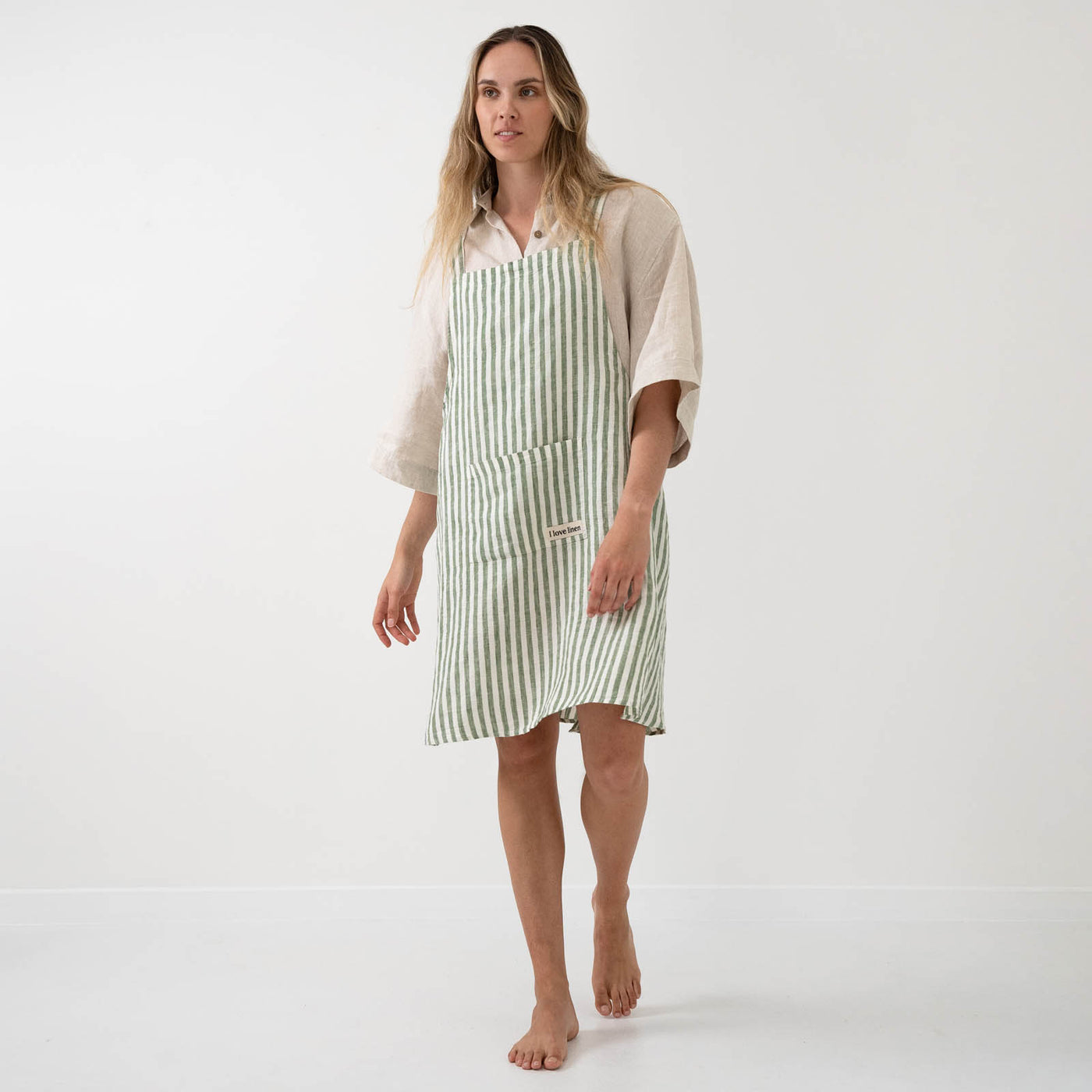 French Flax Linen Apron in Ivy Stripe
