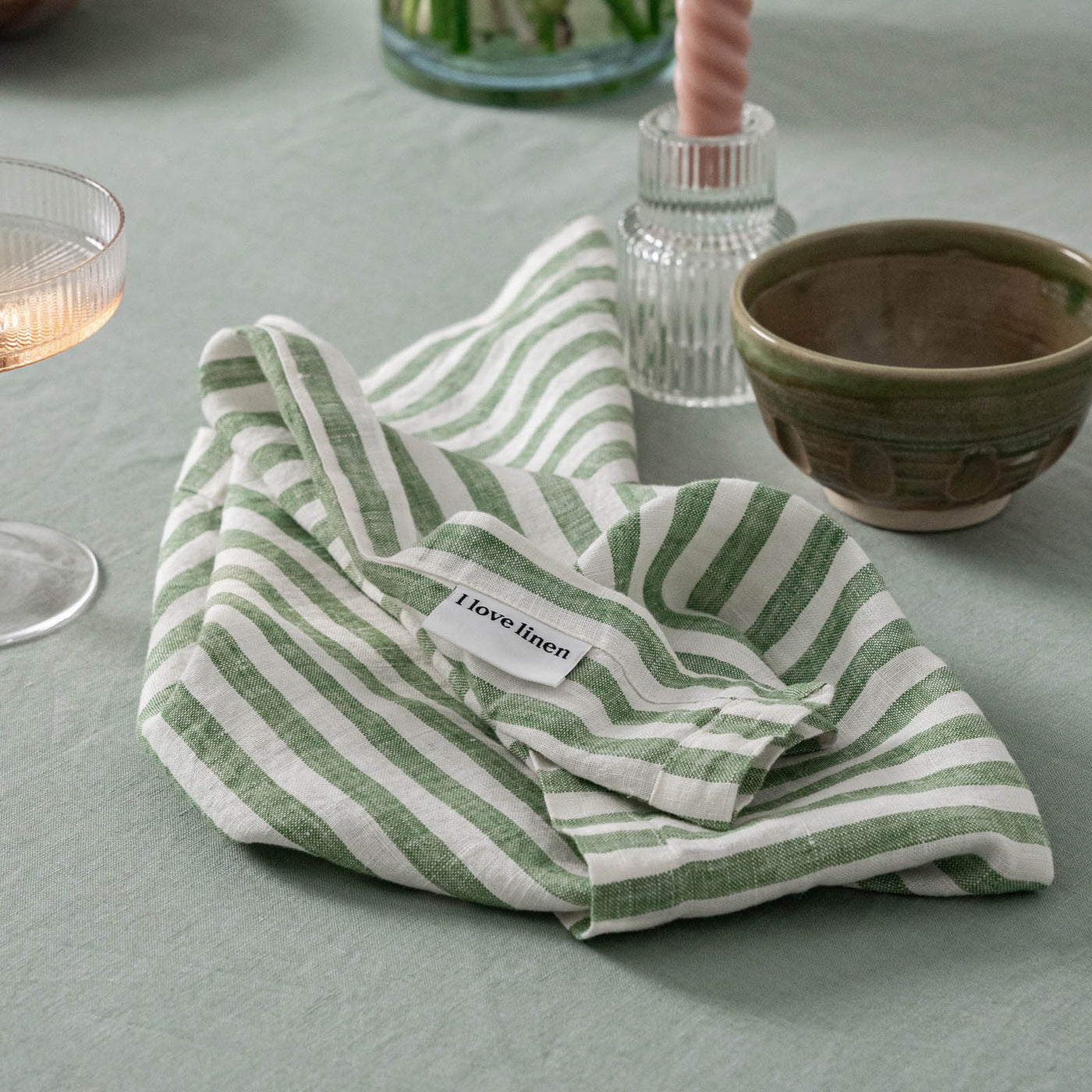 French Flax Linen Napkins (Set of 4) in Ivy Stripe