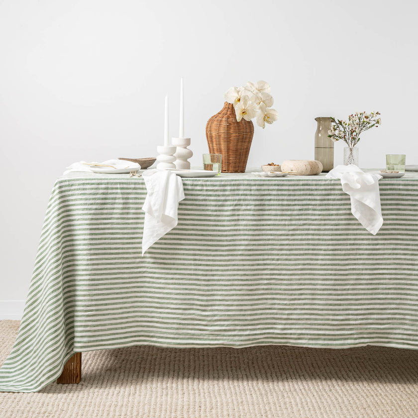 French Flax Linen Table Cloth in Ivy Stripe