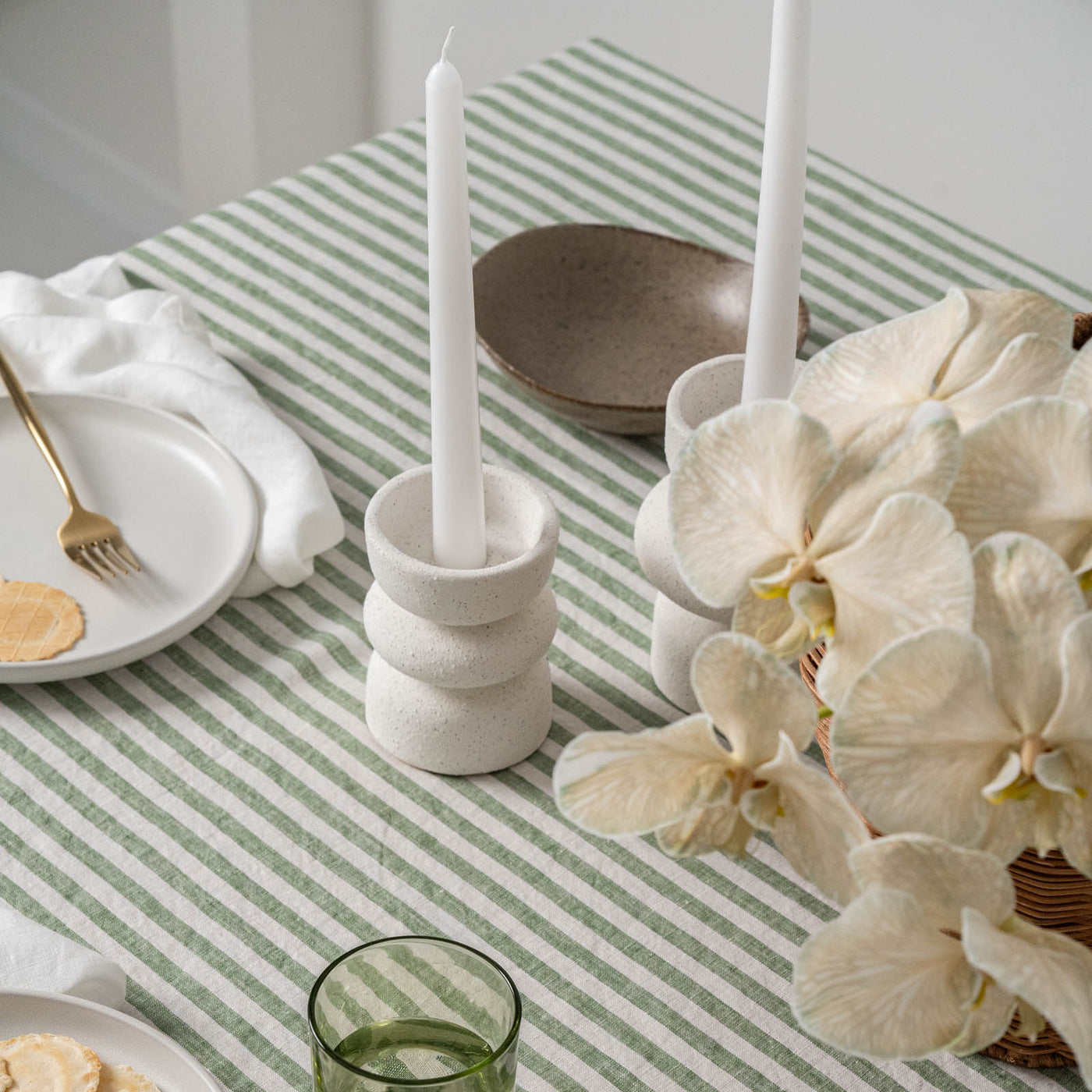 French Flax Linen Table Cloth in Ivy Stripe