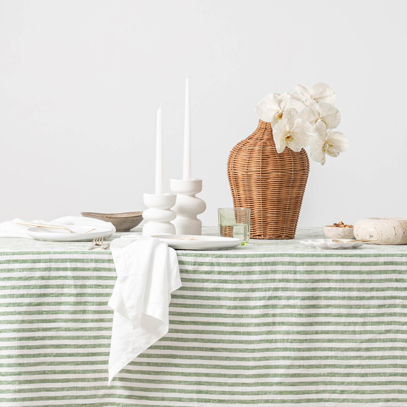 French Flax Linen Table Cloth in Ivy Stripe
