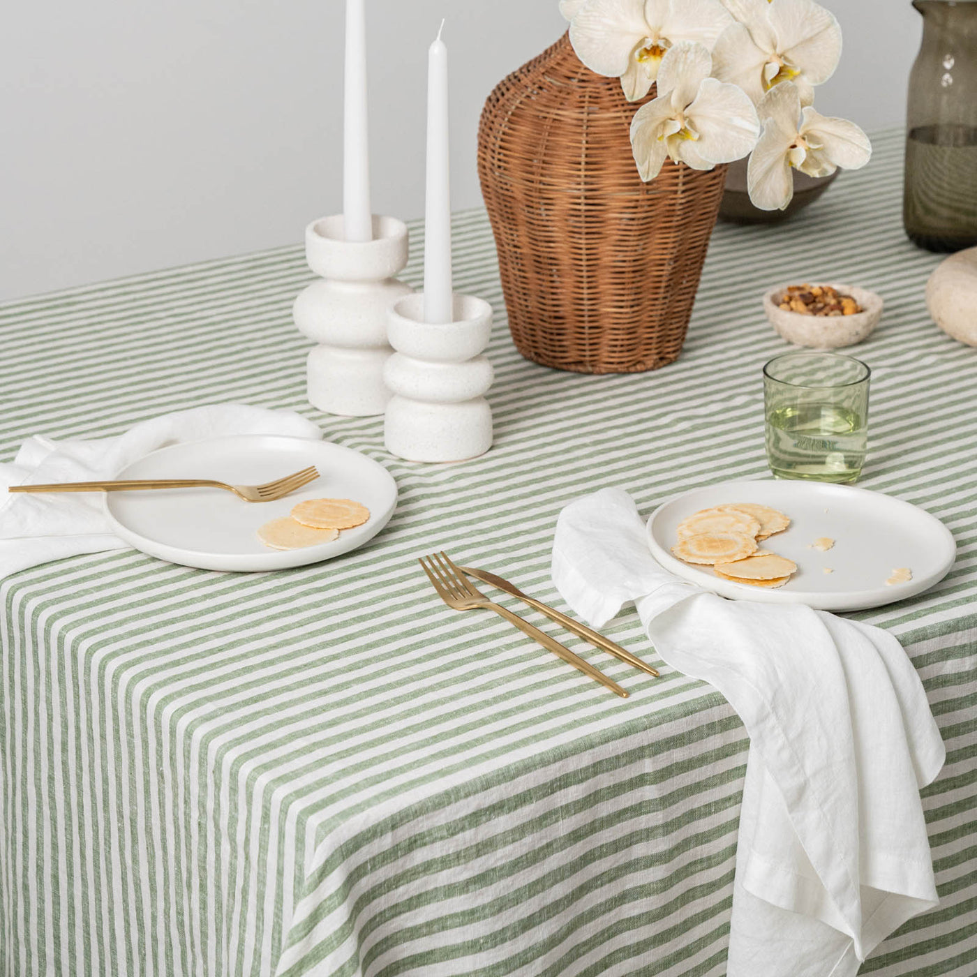 French Flax Linen Table Cloth in Ivy Stripe