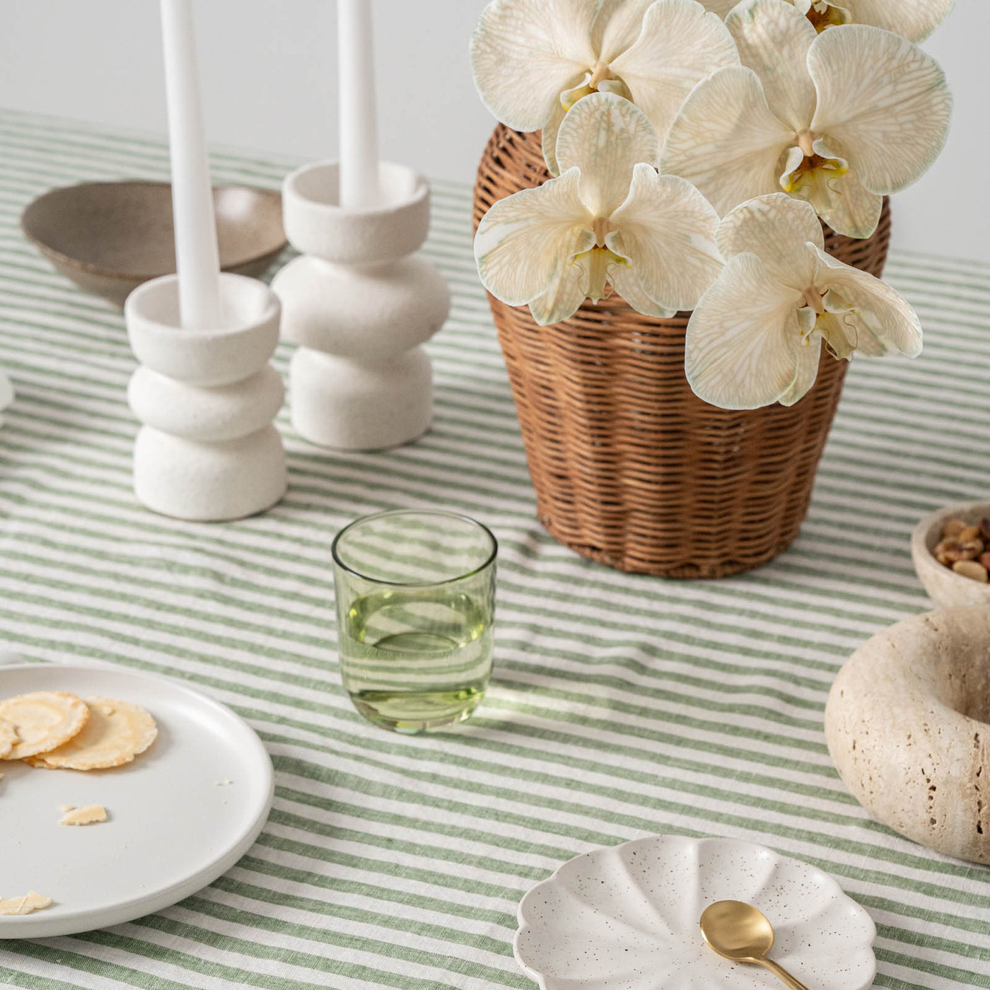 French Flax Linen Table Cloth in Ivy Stripe