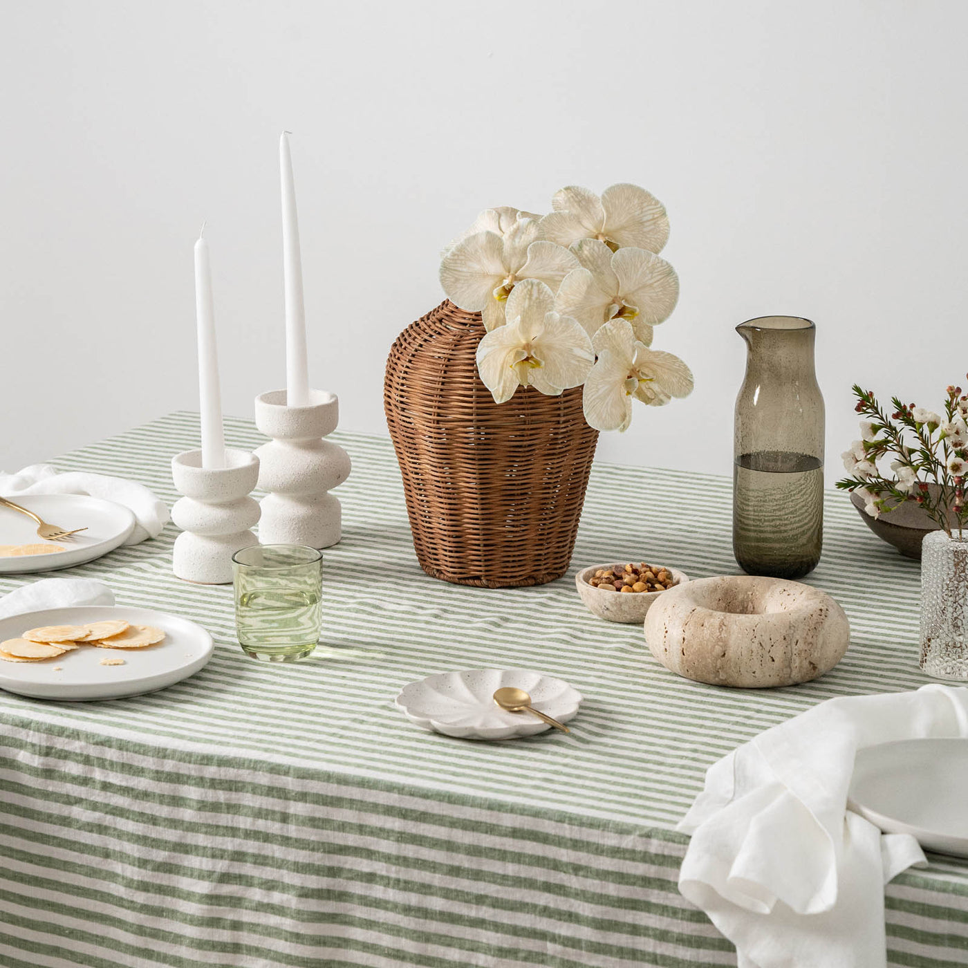 French Flax Linen Table Cloth in Ivy Stripe