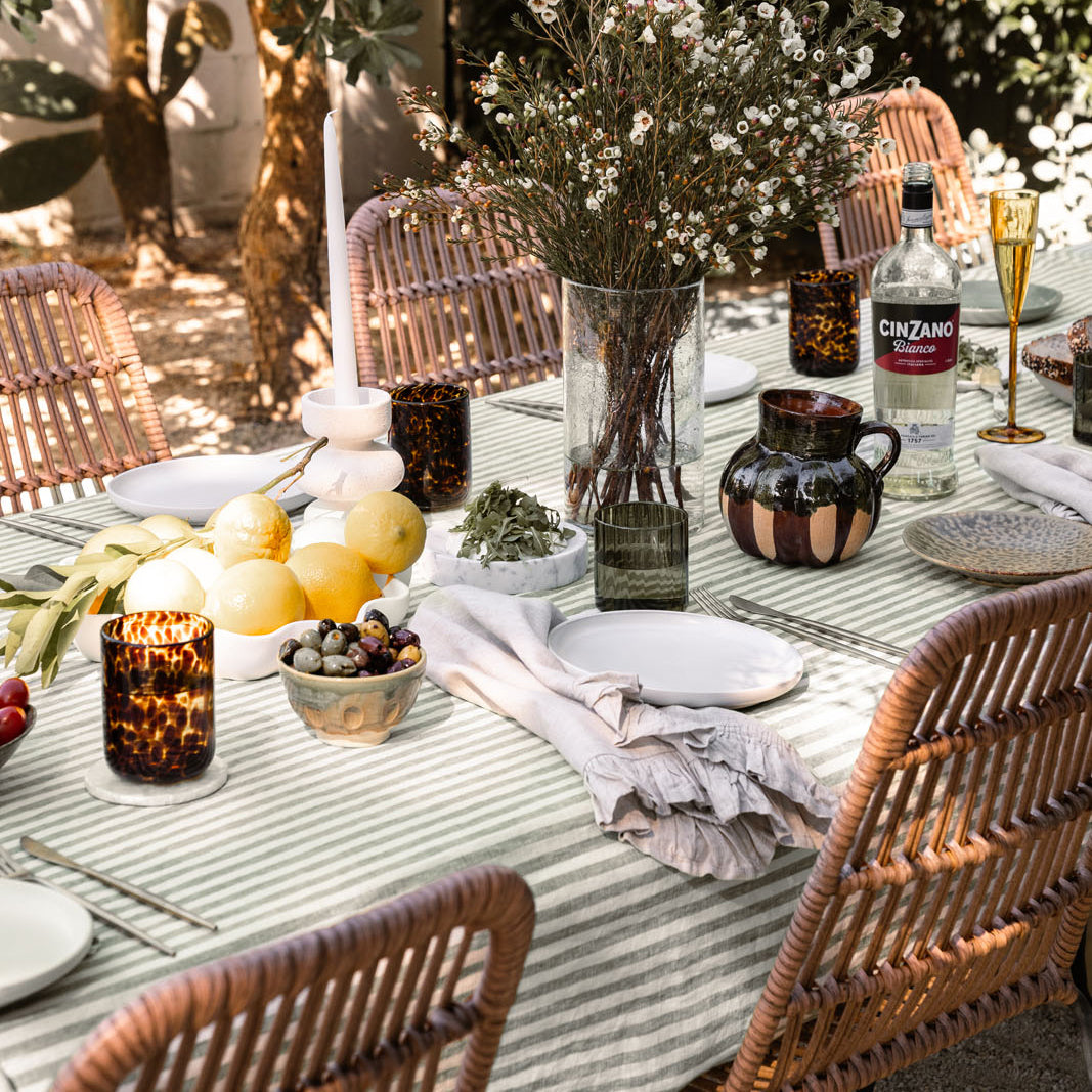 French Flax Linen Table Cloth in Ivy Stripe