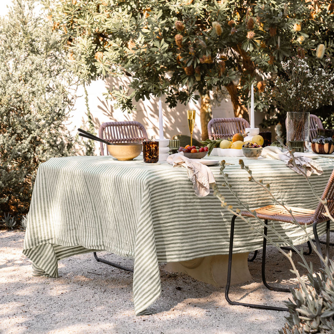 French Flax Linen Table Cloth in Ivy Stripe