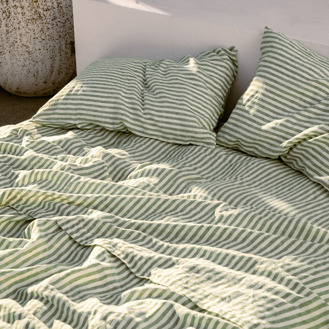 French Flax Linen Fitted Sheet in Ivy Stripe