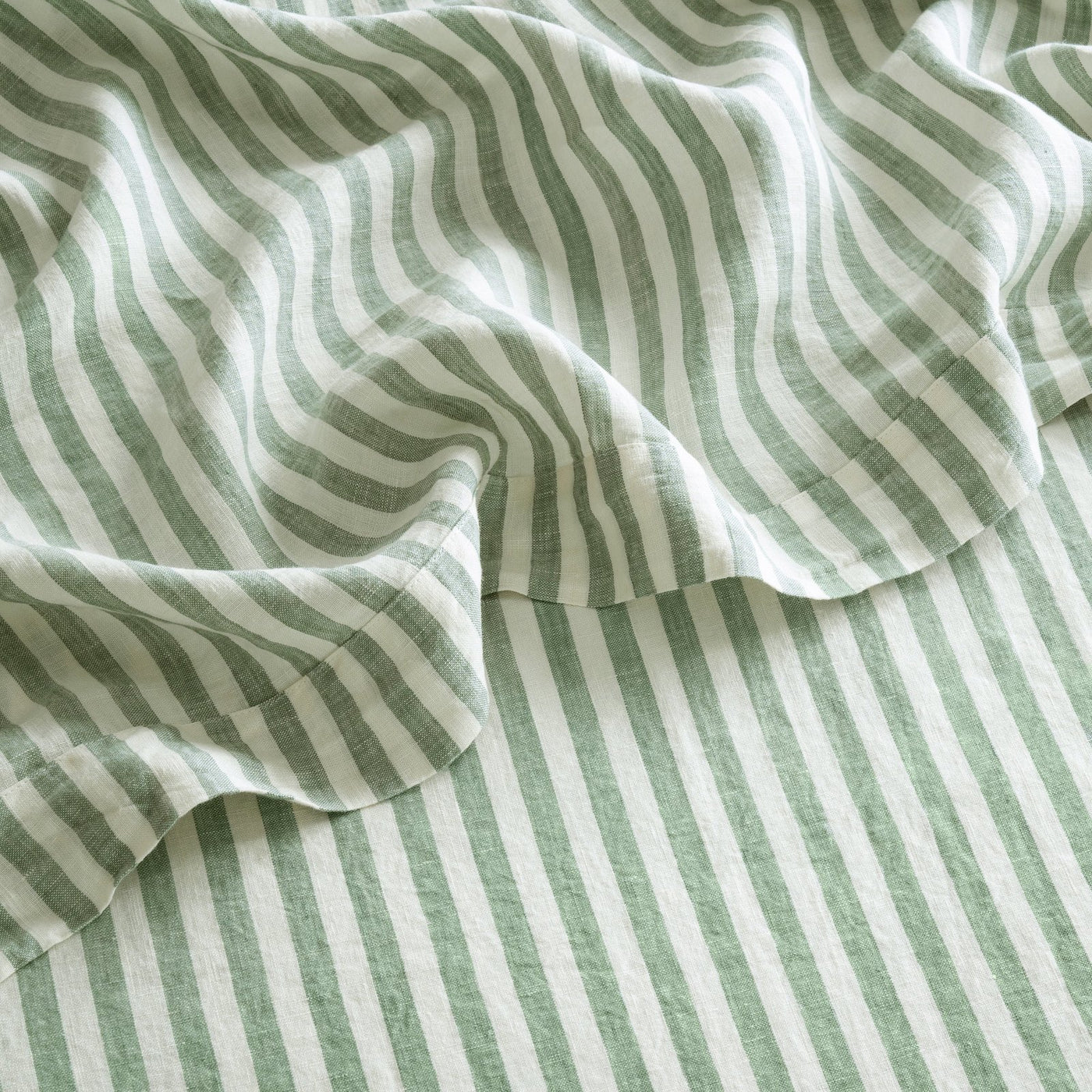 French Flax Linen Flat Sheet in Ivy Stripe