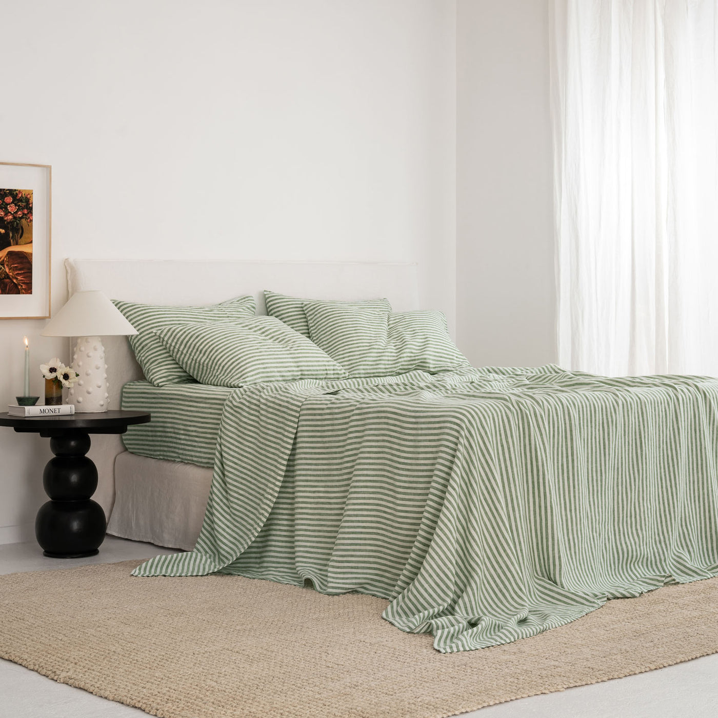 French Flax Linen Flat Sheet in Ivy Stripe