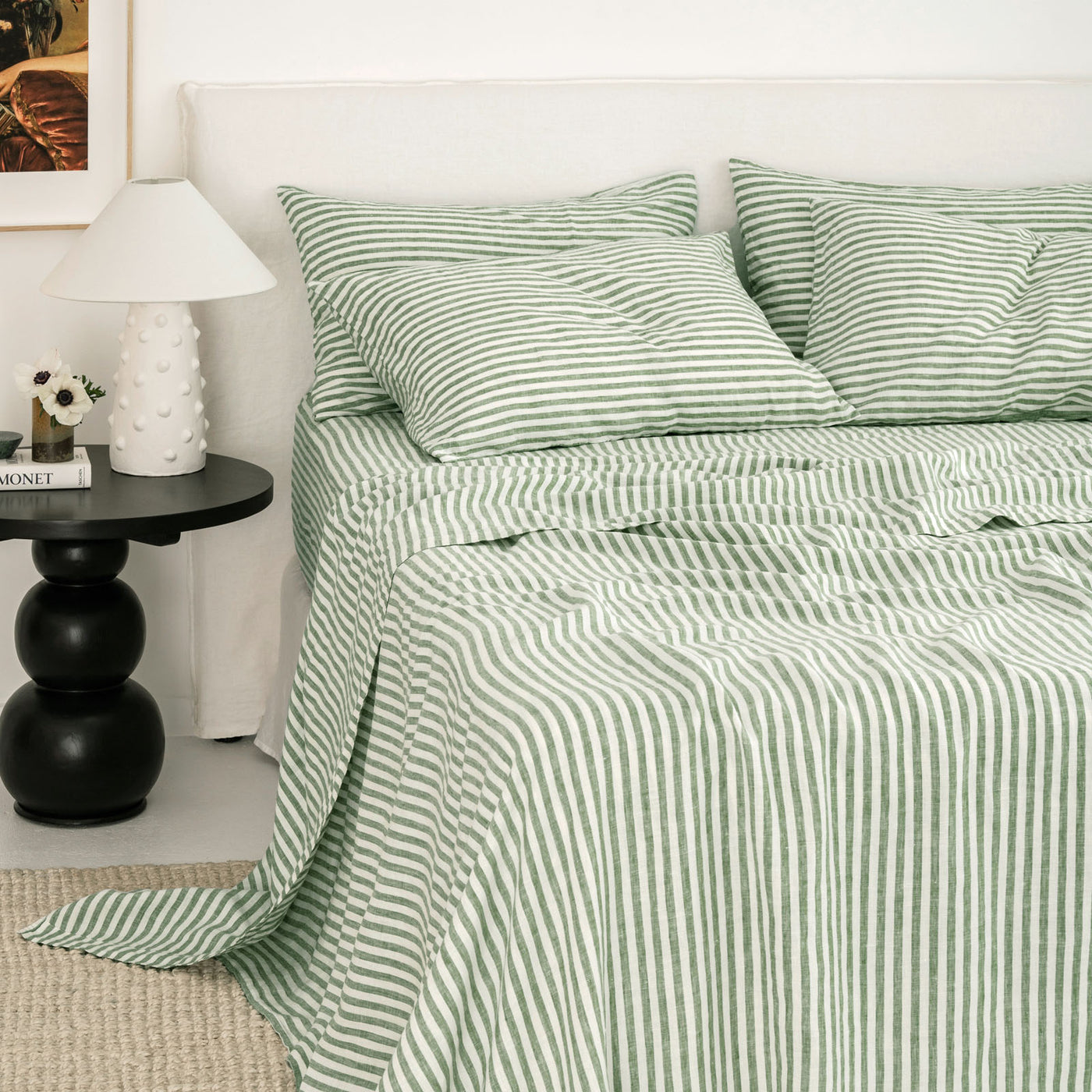 French Flax Linen Flat Sheet in Ivy Stripe