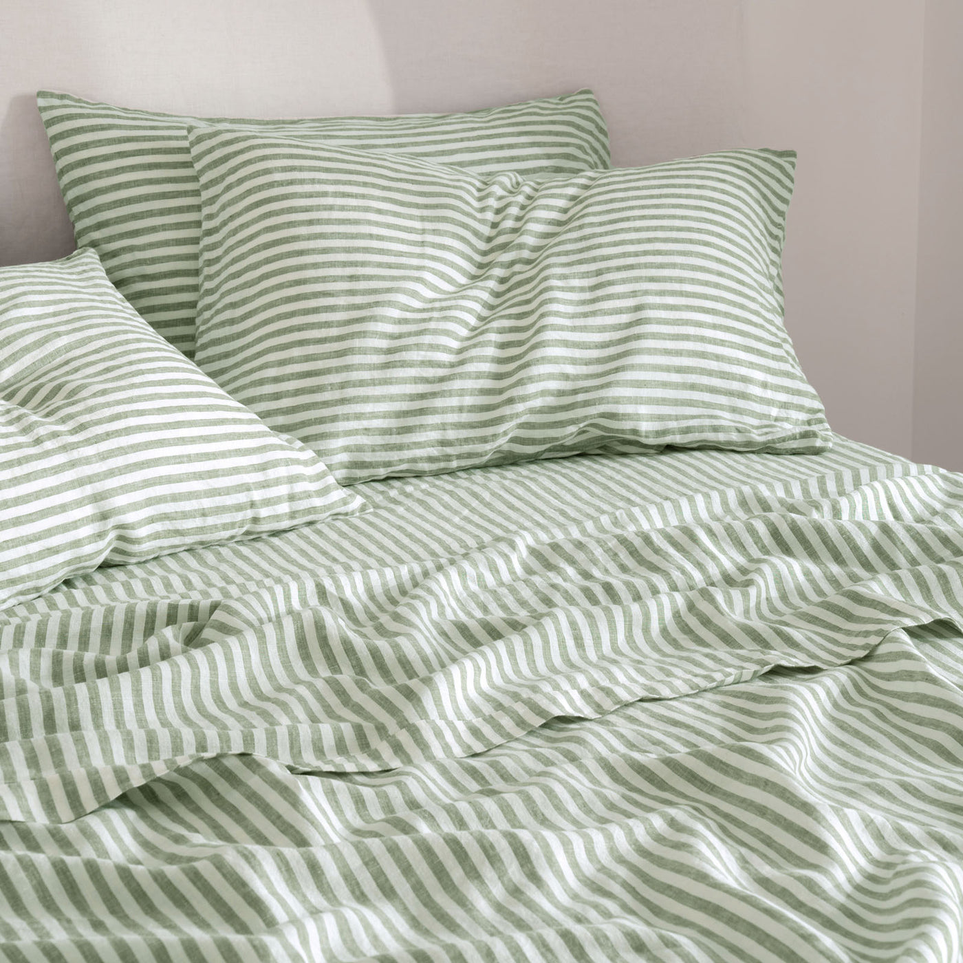 French Flax Linen Flat Sheet in Ivy Stripe