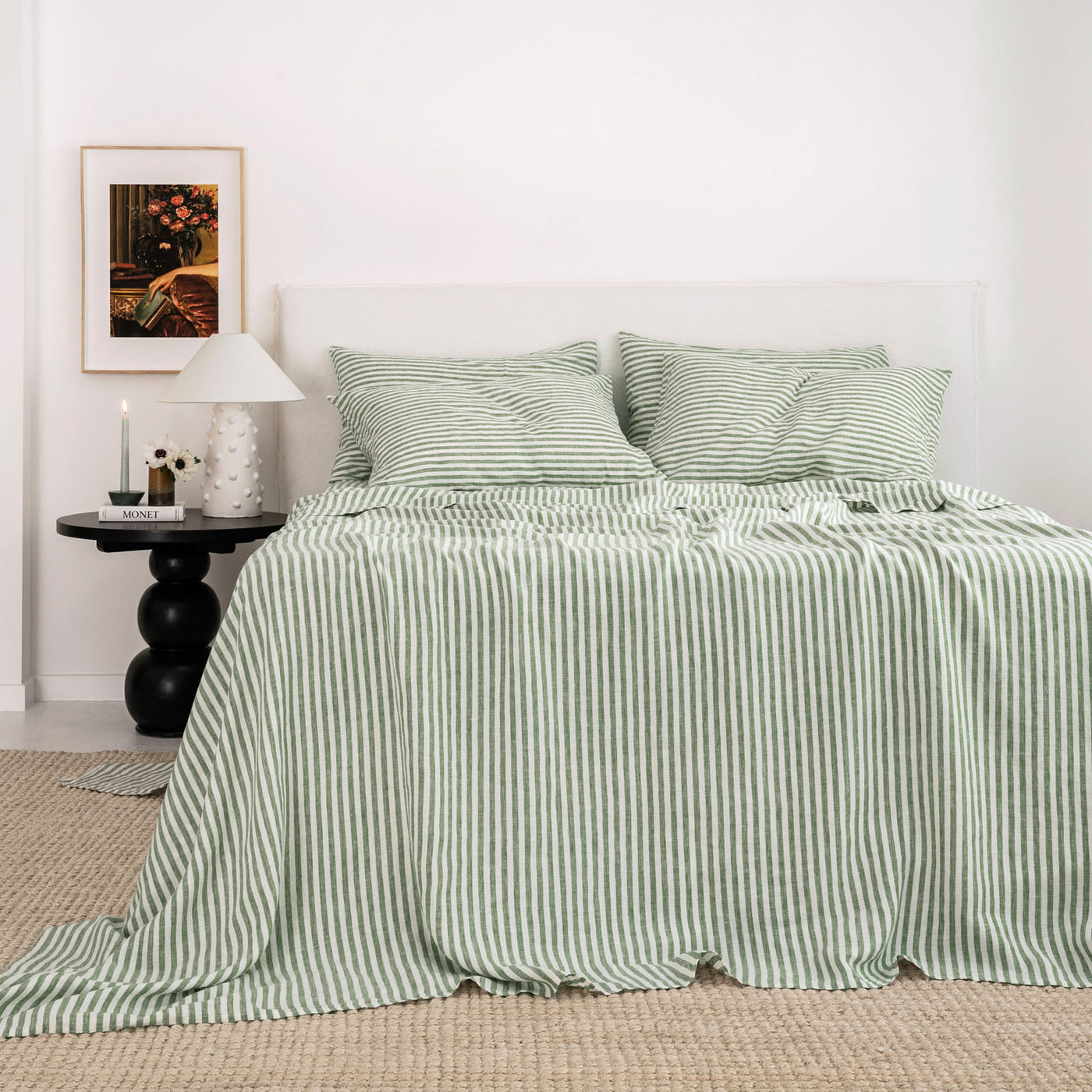French Flax Linen Flat Sheet in Ivy Stripe