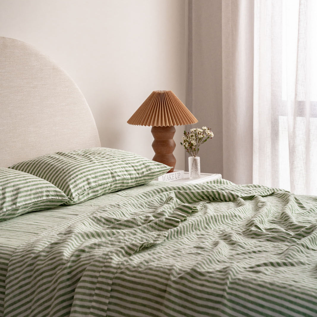 French Flax Linen Flat Sheet in Ivy Stripe