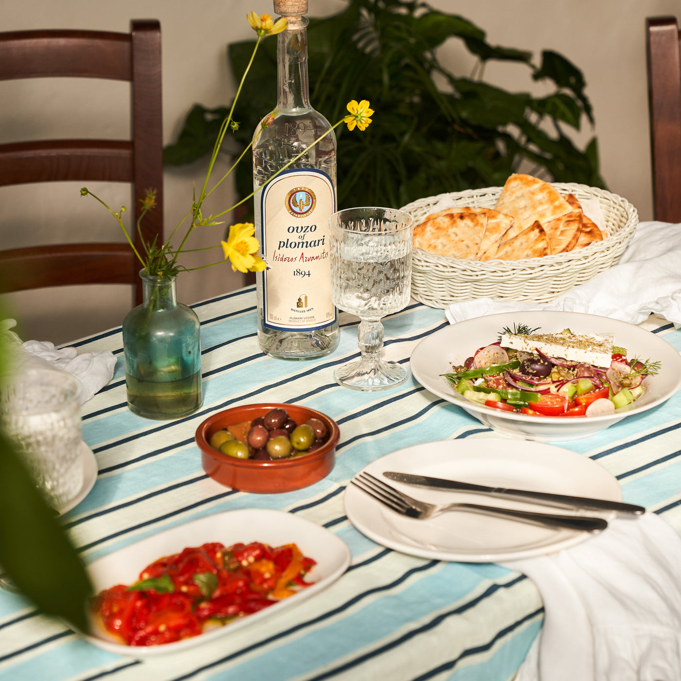 French Flax Linen Table Cloth in Blue Stripe