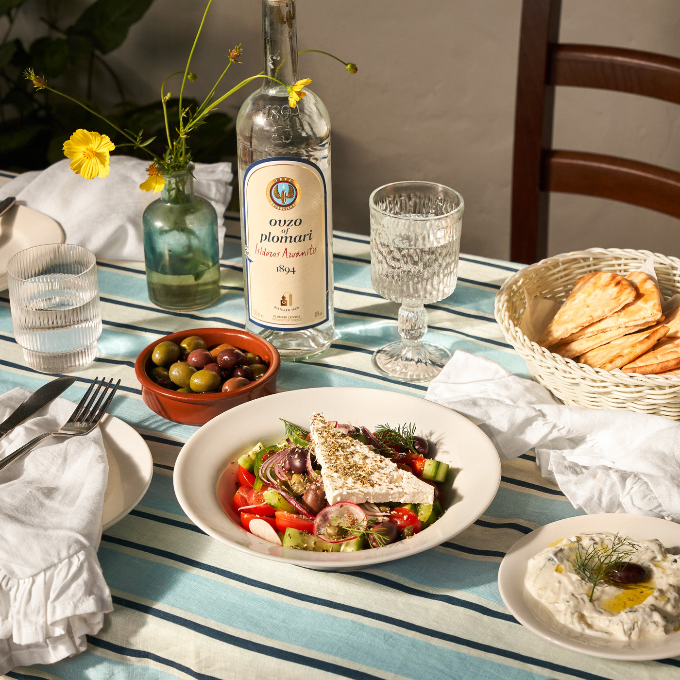 French Flax Linen Table Cloth in Blue Stripe