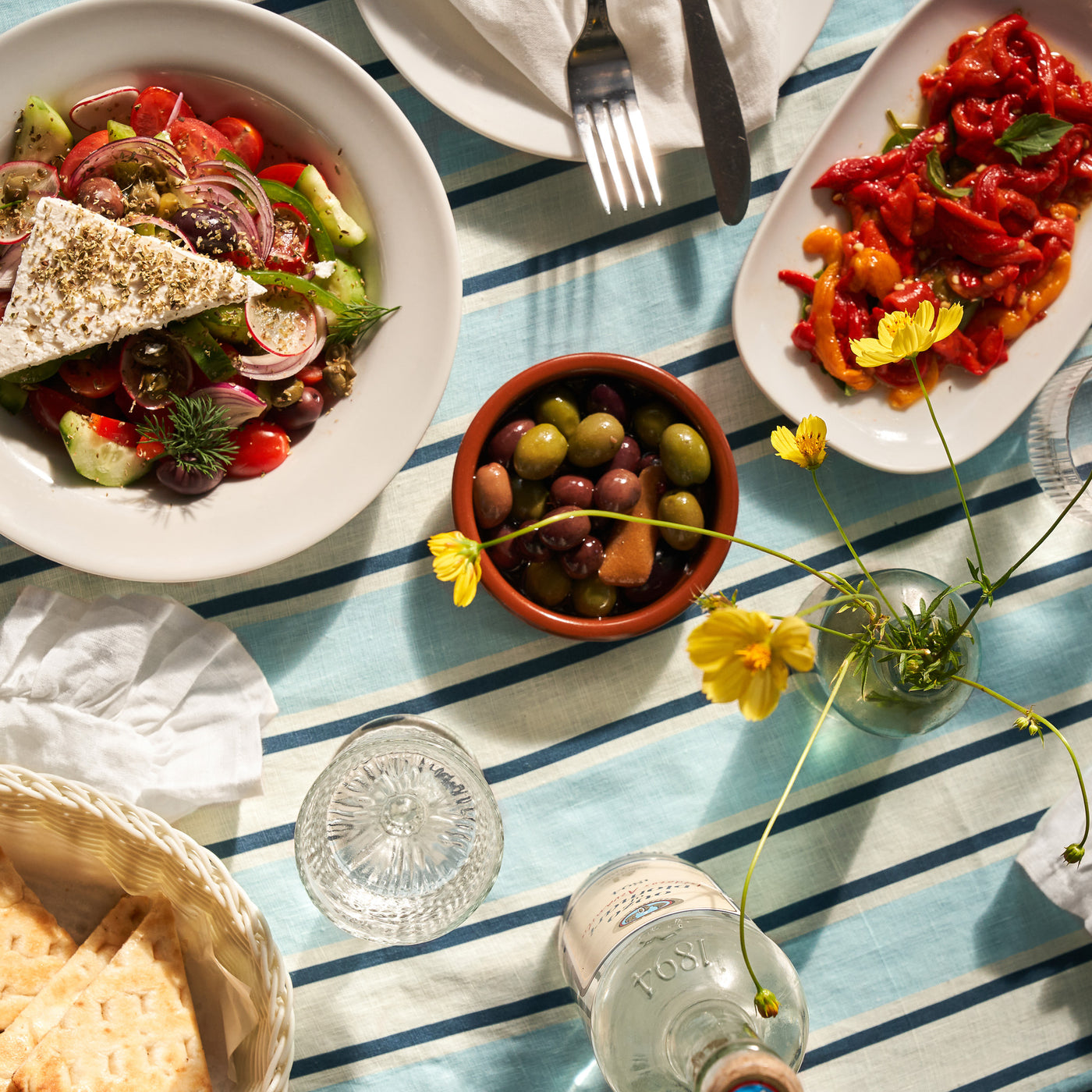 French Flax Linen Table Cloth in Blue Stripe