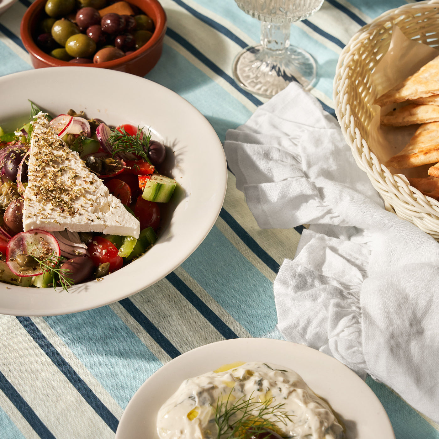 French Flax Linen Table Cloth in Blue Stripe
