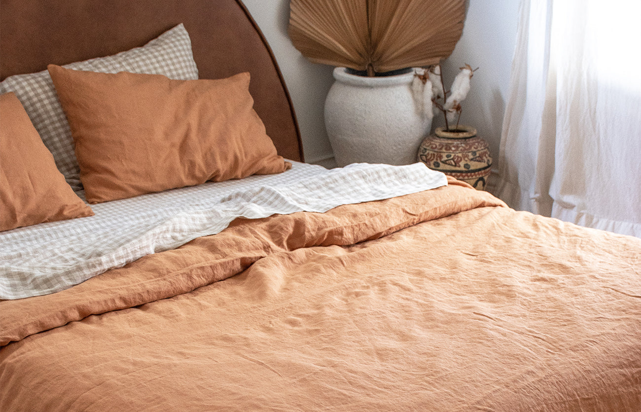 French linen, lookbook, beige gingham, ochre, blush, bedding