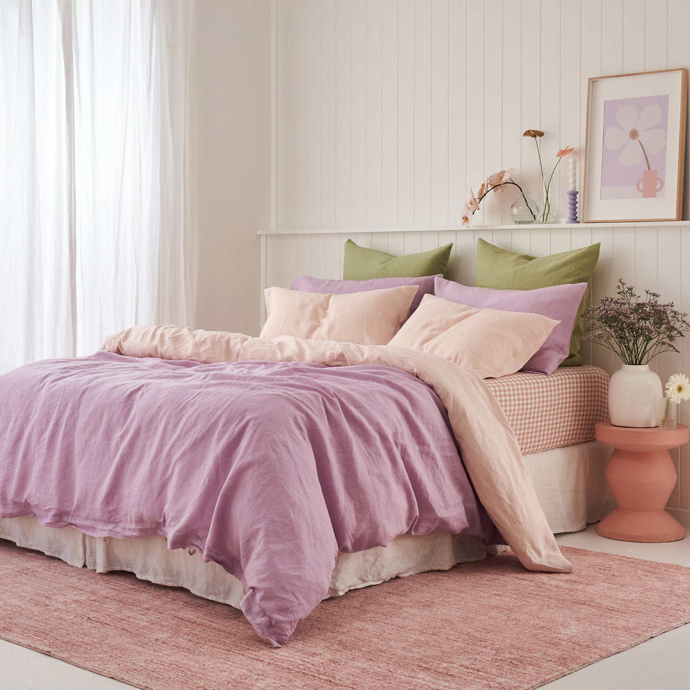 French Flax Linen Double Sided Quilt Cover Set in Lilac/Blush