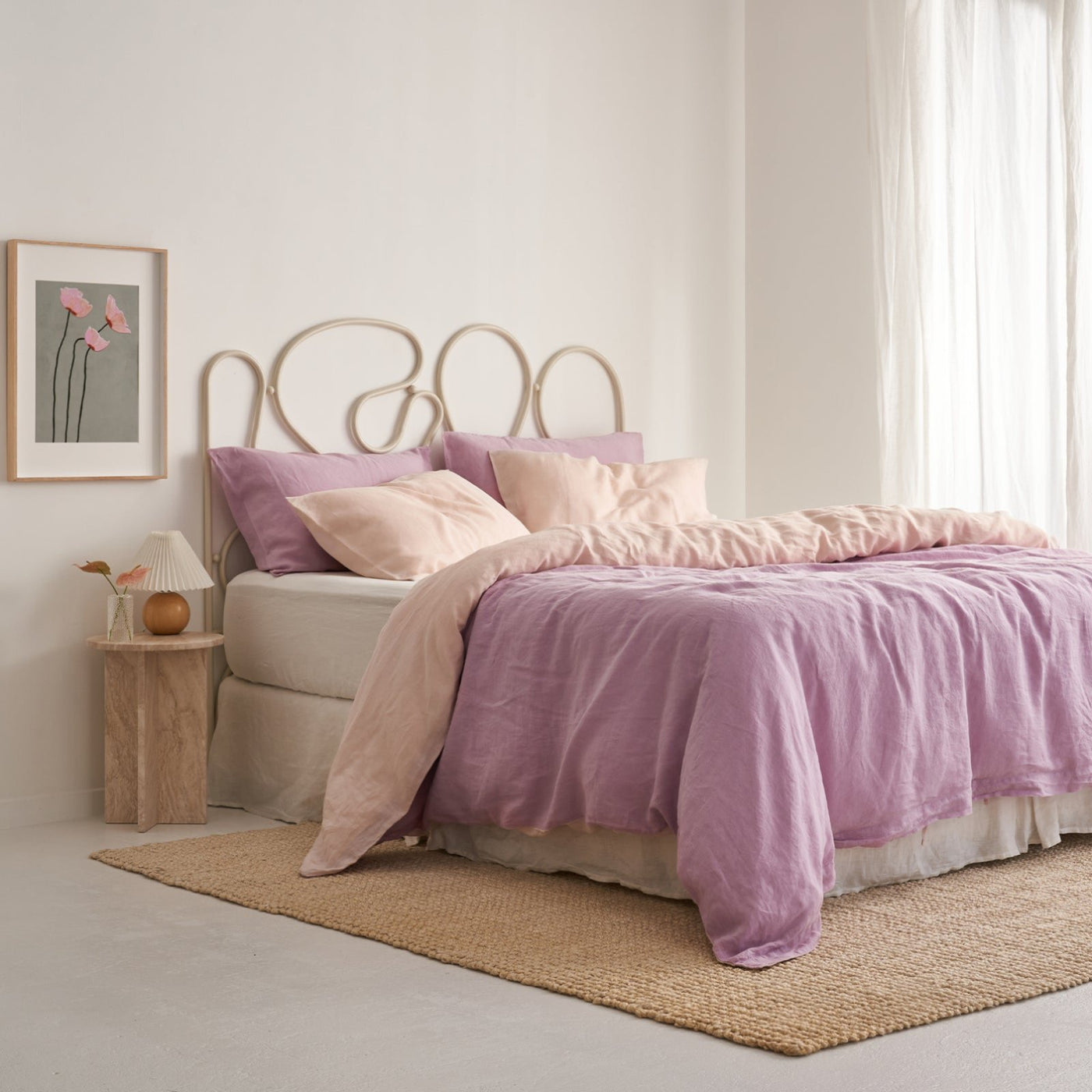 French Flax Linen Double Sided Quilt Cover in Lilac/Blush