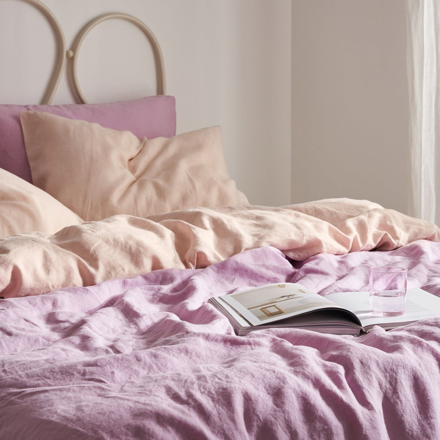 French Flax Linen Double Sided Quilt Cover Set in Lilac/Blush