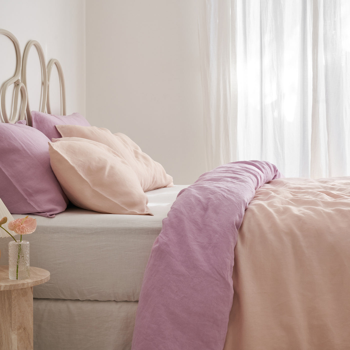 French Flax Linen Double Sided Quilt Cover Set in Lilac/Blush