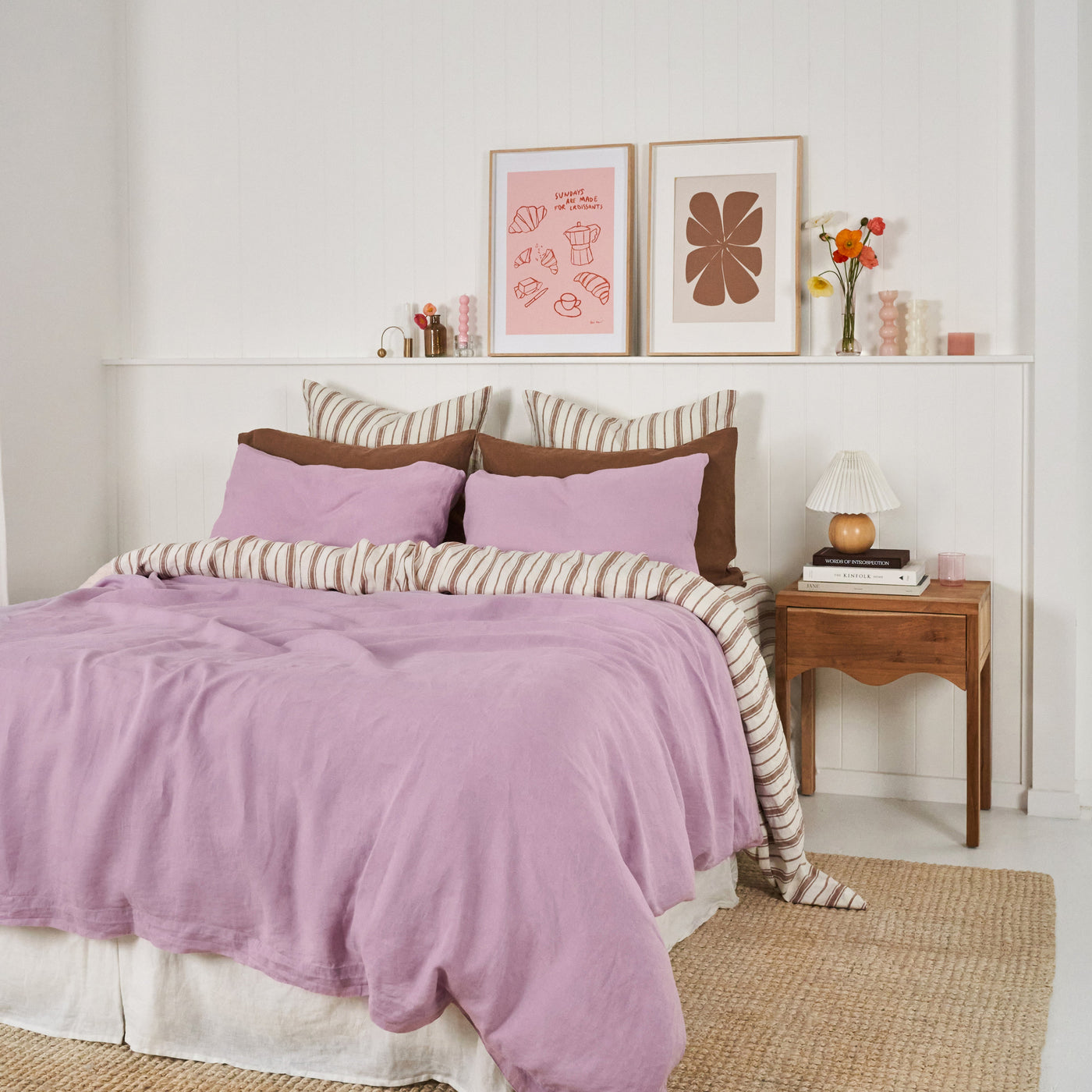 French Flax Linen Flat Sheet in Hazelnut Stripe