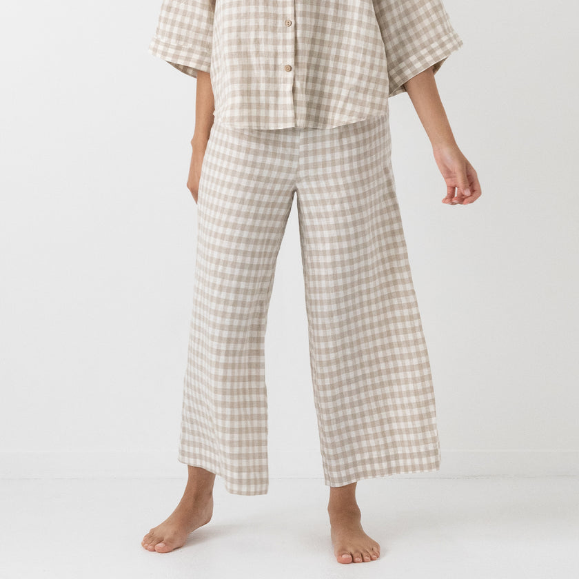 French Flax Linen Lounge Pant in Beige Gingham