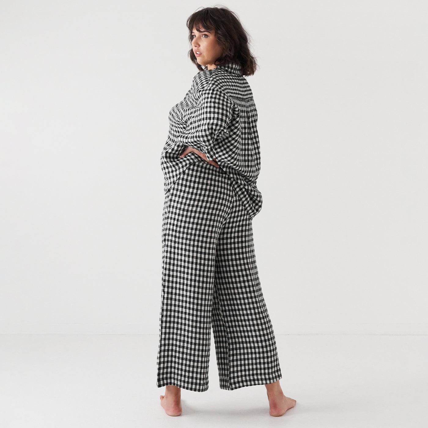 French Flax Linen Lounge Pant in Charcoal Gingham