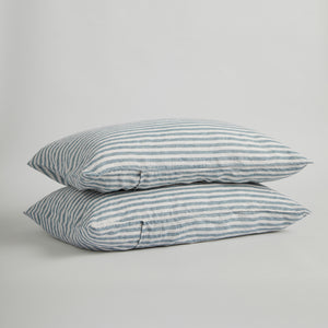 French Flax Linen Pillowcase Set in Marine Blue Stripe