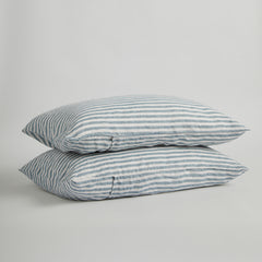 French Flax Linen Pillowcase Set in Marine Blue Stripe