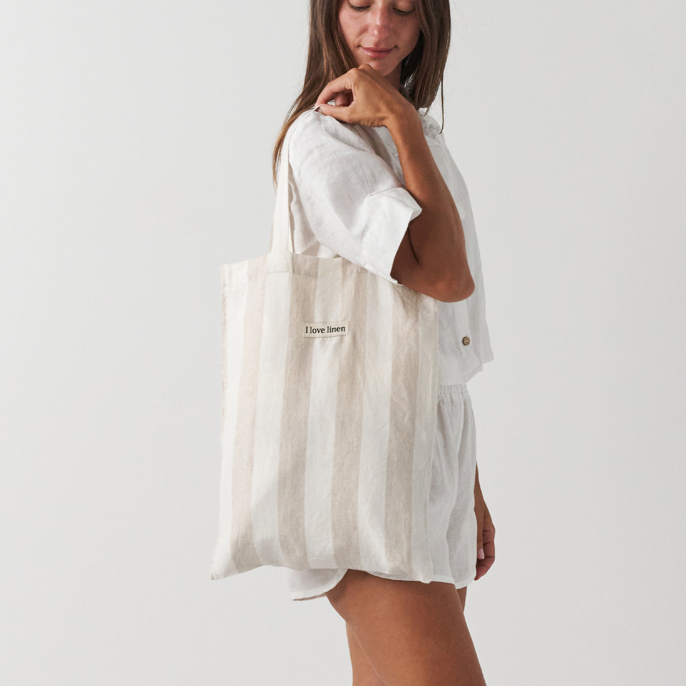 French Flax Linen Market Bag in Natural Thick Stripe