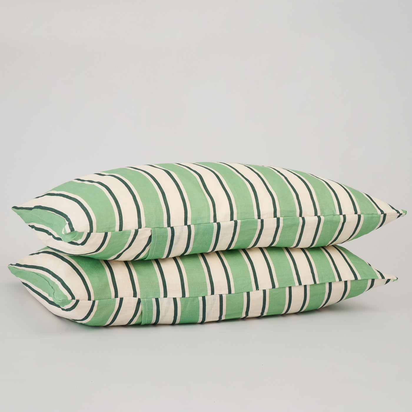 French Flax Linen Pillowcase Set in Green Stripe