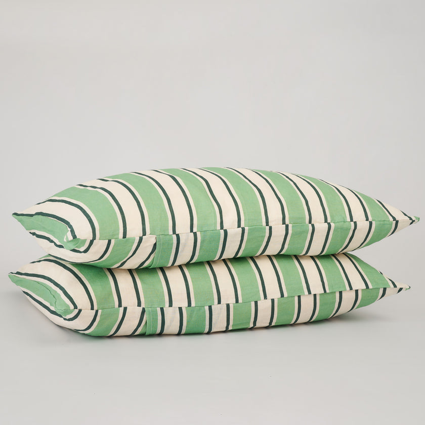 French Flax Linen Pillowcase Set in Green Stripe