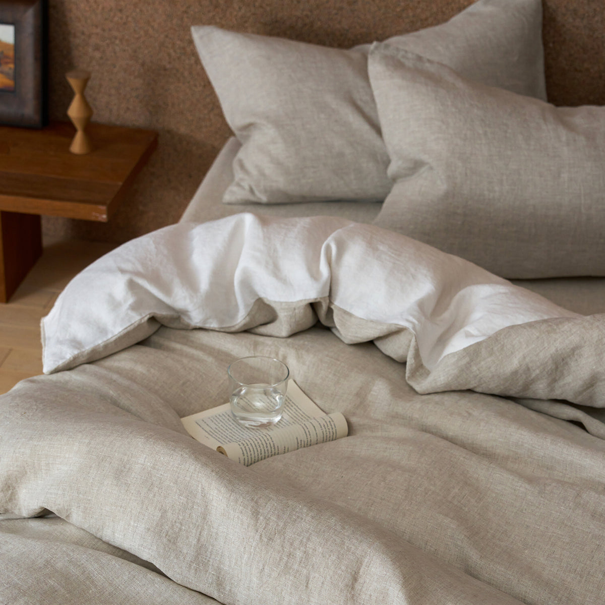 French Flax Linen Reversible Quilt Cover Set in White/Natural