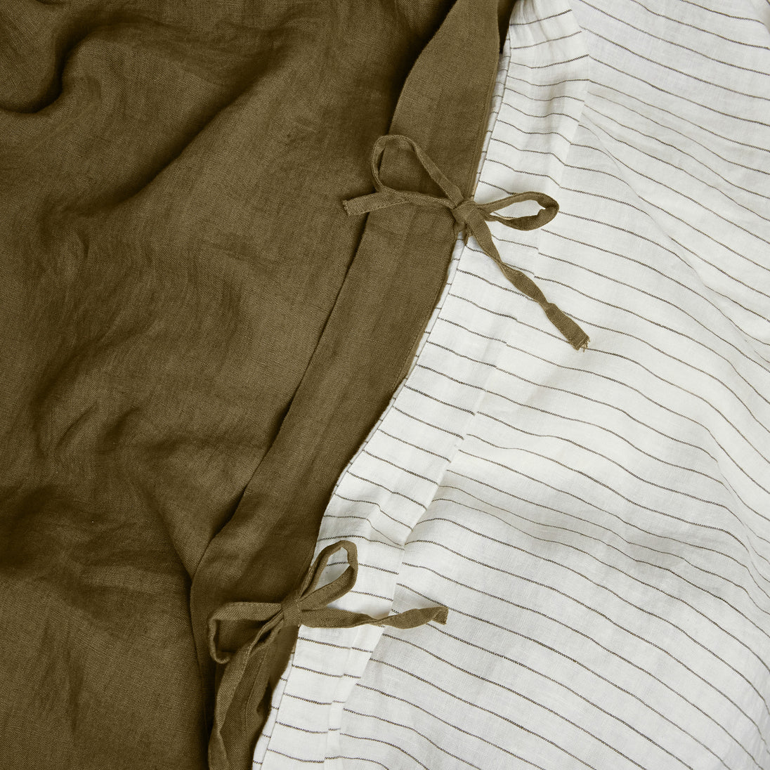 French Flax Linen Double Sided Quilt Cover in Olive/Olive Stripe