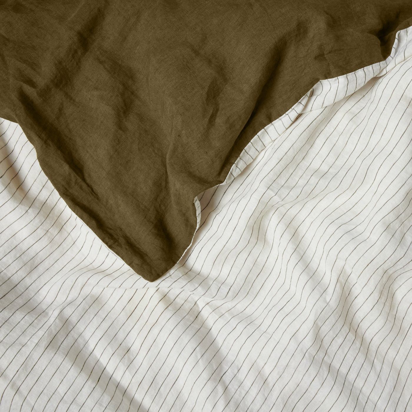 French Flax Linen Double Sided Quilt Cover in Olive/Olive Stripe
