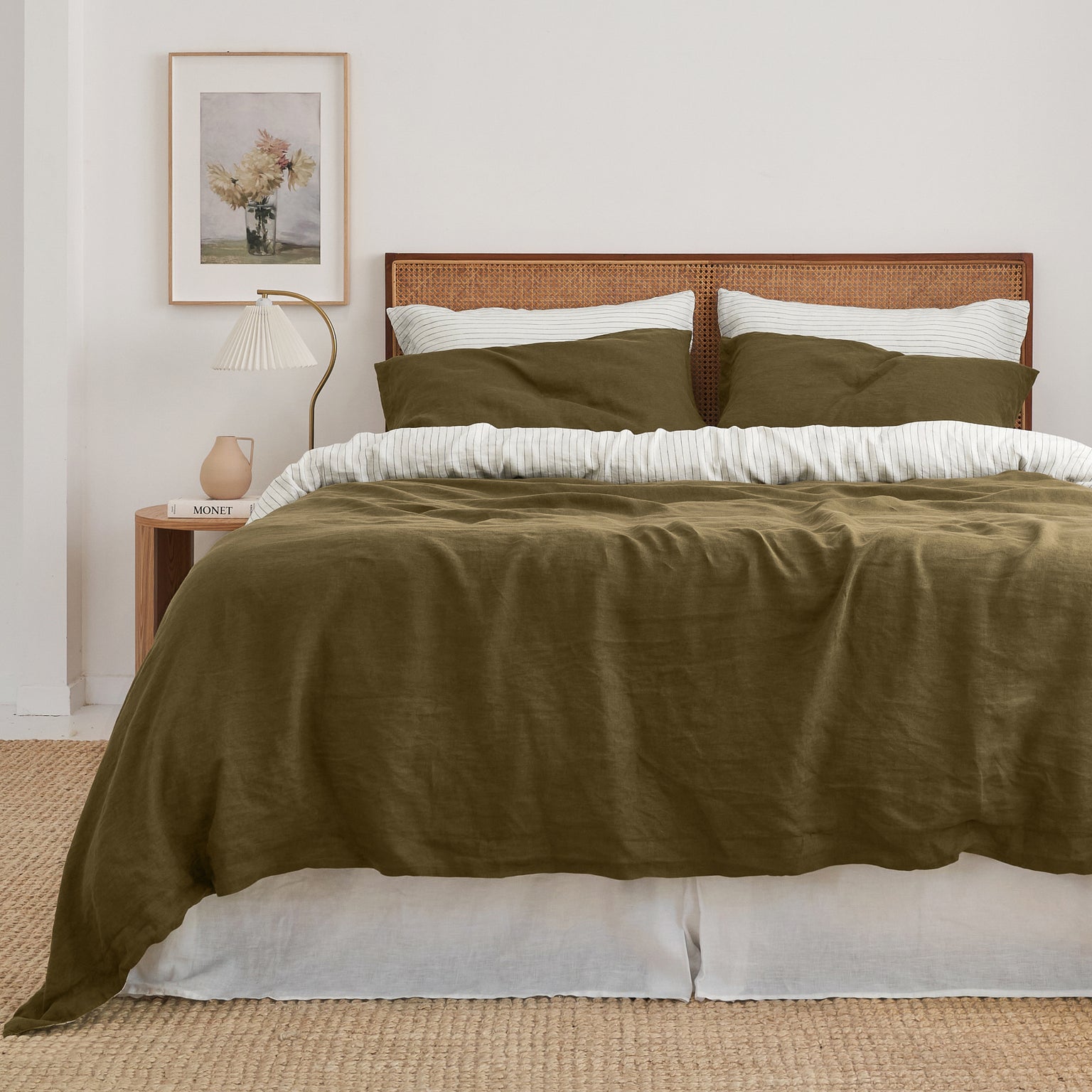 French Flax Linen Double Sided Quilt Cover in Olive/Olive Stripe