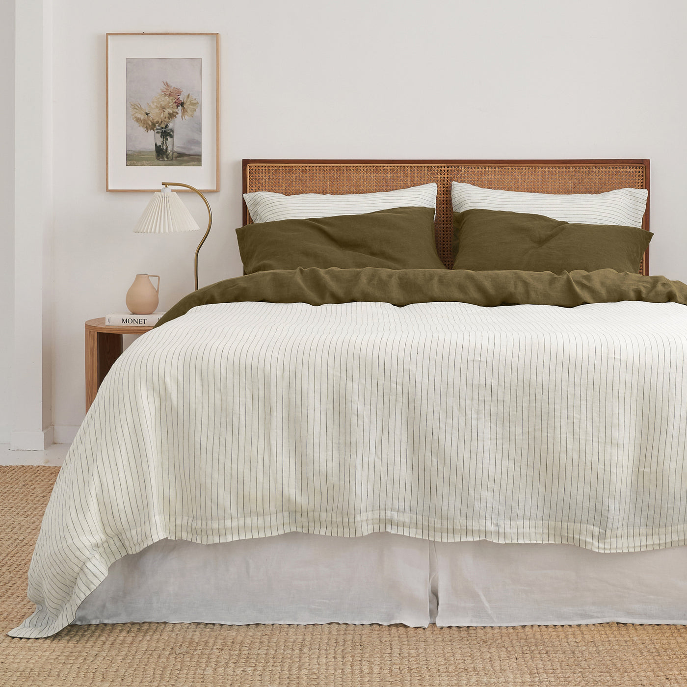 French Flax Linen Double Sided Quilt Cover Set in Olive/Olive Stripe